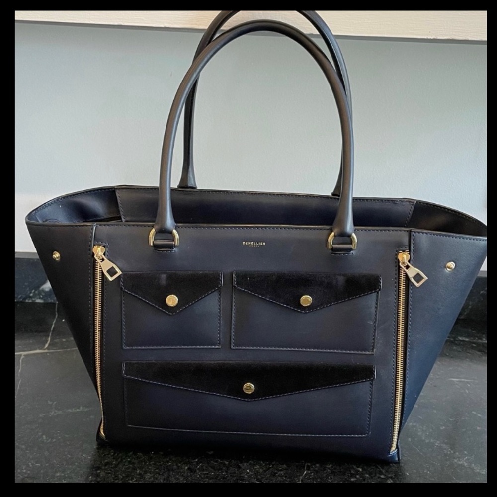 Navy DeMellier Barcelona Bag with suede and  smooth leather.
